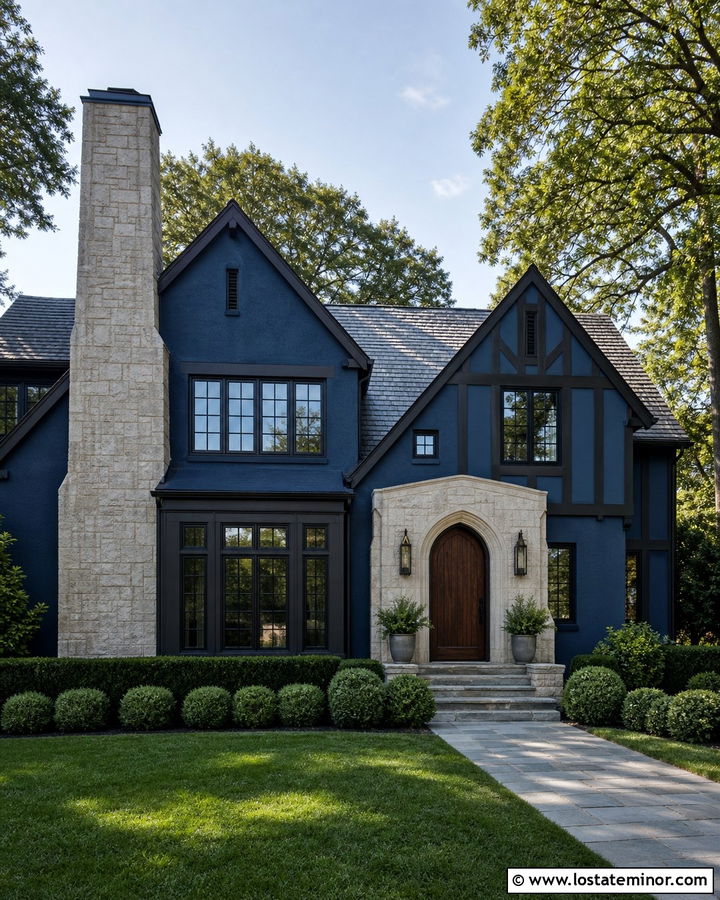 Navy Blue Tudor With Limestone Chimney - 30 Navy Blue House Design With Chimney Ideas