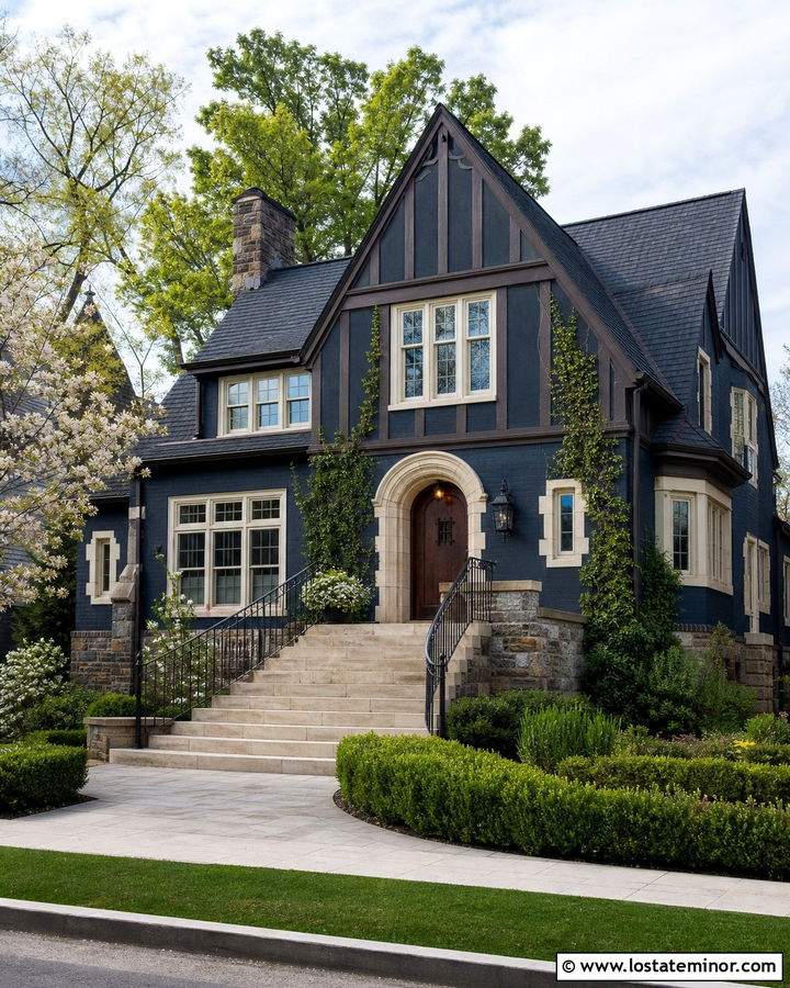 Navy Blue Tudor With Limestone Steps - 30 Navy Blue House Design With Steps Ideas