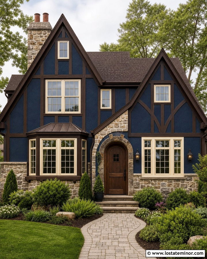 Navy Blue Tudor With Natural Stone Wainscoting - 30 Navy Blue House Design With Wainscoting Ideas