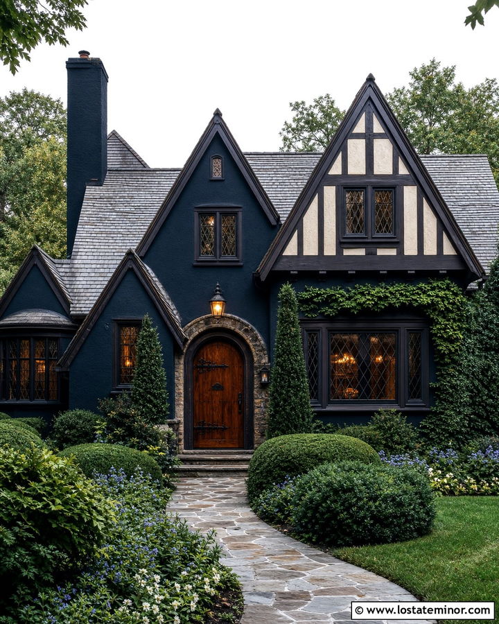 Navy Blue Tudor With Steep Dormers - 30 Navy Blue House Design With Dormers Ideas