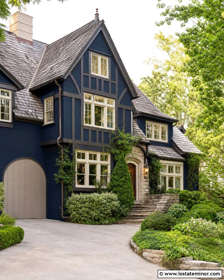 Navy Blue Tudor With Taupe Garage Door - 30 Navy Blue House Design With Garage Door Ideas