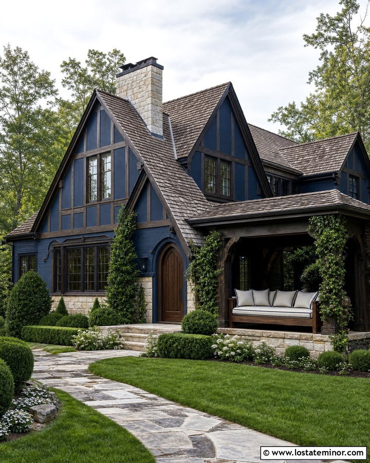 Navy Blue Tudor With Timber Daybed - 30 Navy Blue House Design With Daybed Ideas