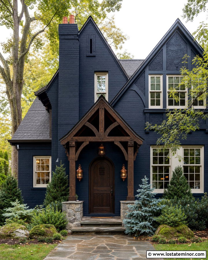 Navy Blue Tudor With Timber Porch - 30 Navy Blue House Design With Front Porch Ideas