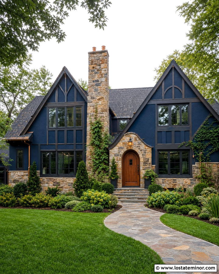 Navy Blue Tudor With Warm Stone Accents - 30 Navy Blue House Design With Stone Accents Ideas