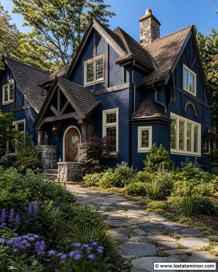 Navy Blue Tudor With Wood Portico - 30 Navy Blue House Design With Portico Ideas