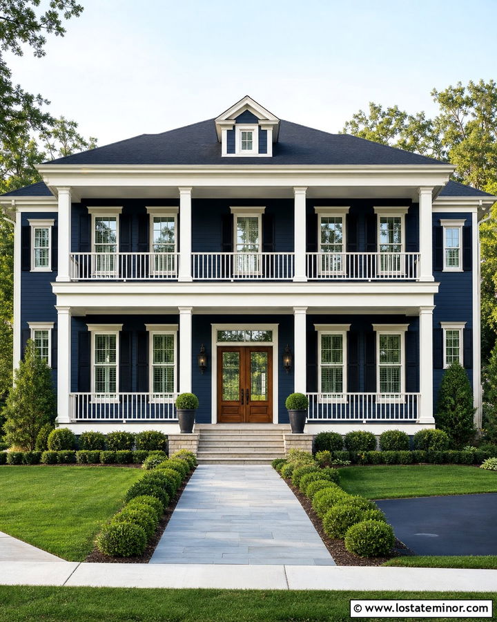 Navy Blue Two Story House With Double Portico - 30 Navy Blue House Design With Portico Ideas