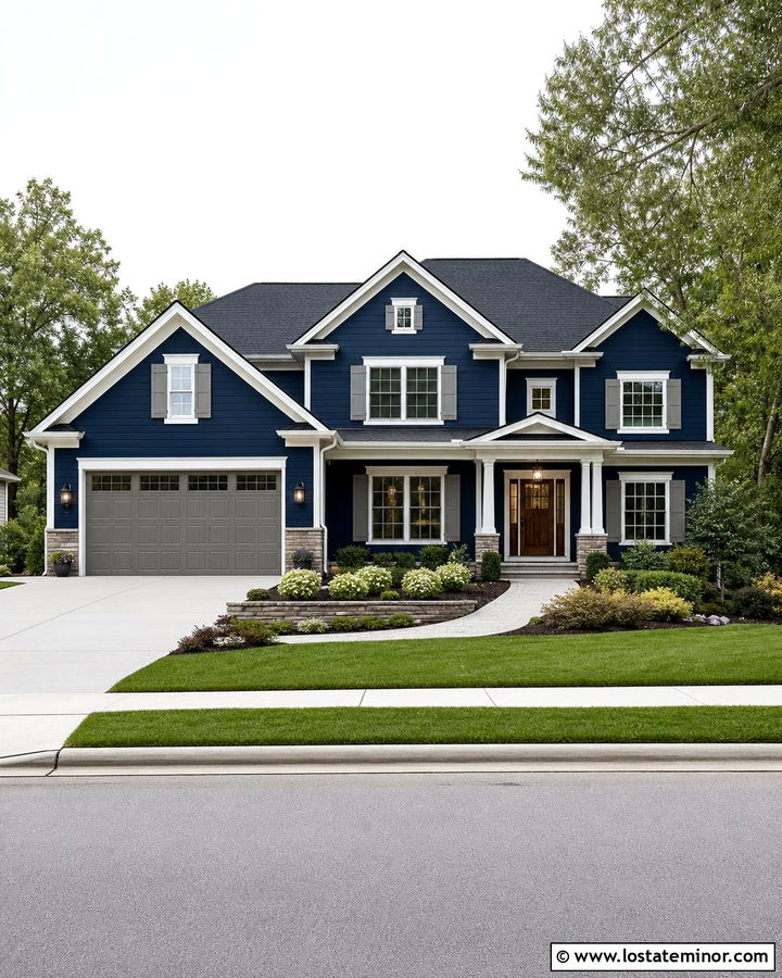 Navy Blue Two Story House With Gray Shutters - 30 Navy Blue House Design With Shutters Ideas