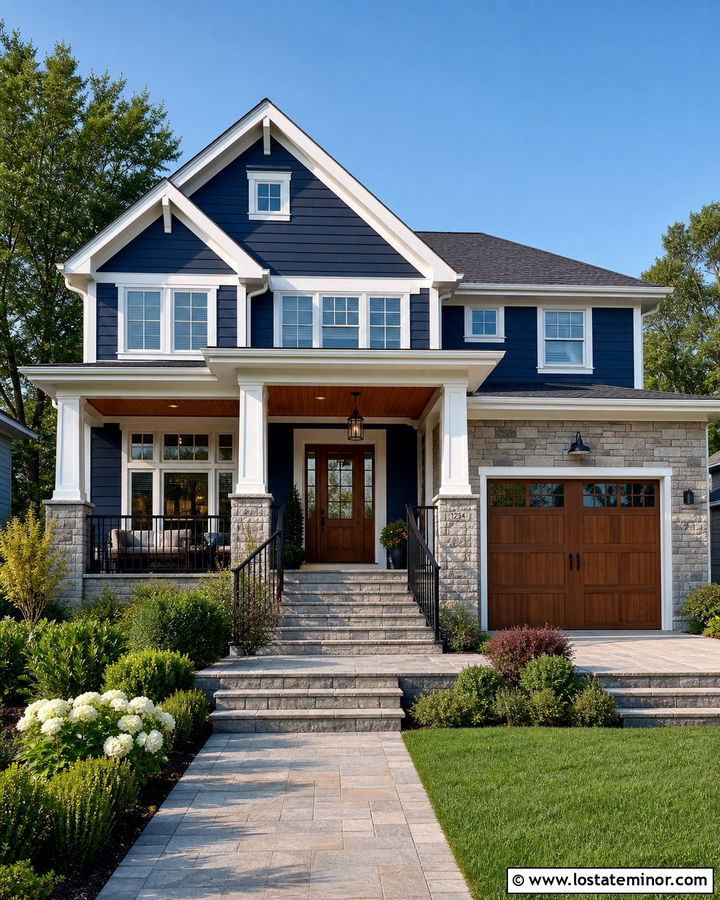 Navy Blue Two Story House With Gray Stone Steps - 30 Navy Blue House Design With Steps Ideas