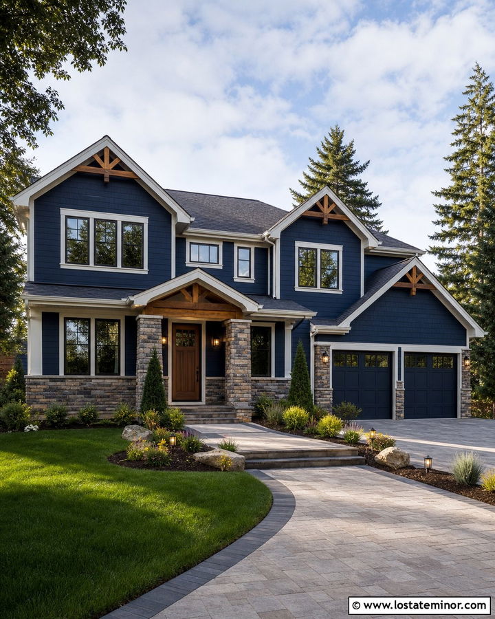 Navy Blue Two Story House With Ledgestone Wainscoting - 30 Navy Blue House Design With Wainscoting Ideas