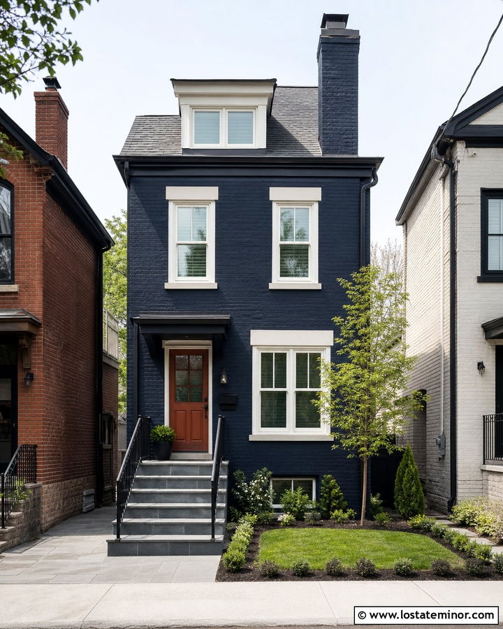 Navy Blue Urban Townhouse With Painted Chimney - 30 Navy Blue House Design With Chimney Ideas