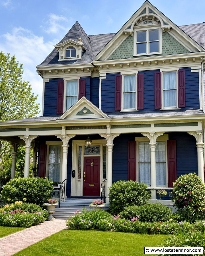 Navy Blue Victorian House With Burgundy Shutters - 30 Navy Blue House Design With Shutters Ideas