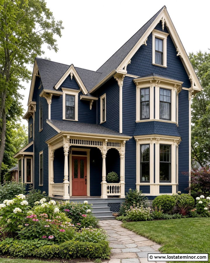 Navy Blue Victorian House With Cross Gables - 30 Navy Blue House Design With Gables Ideas