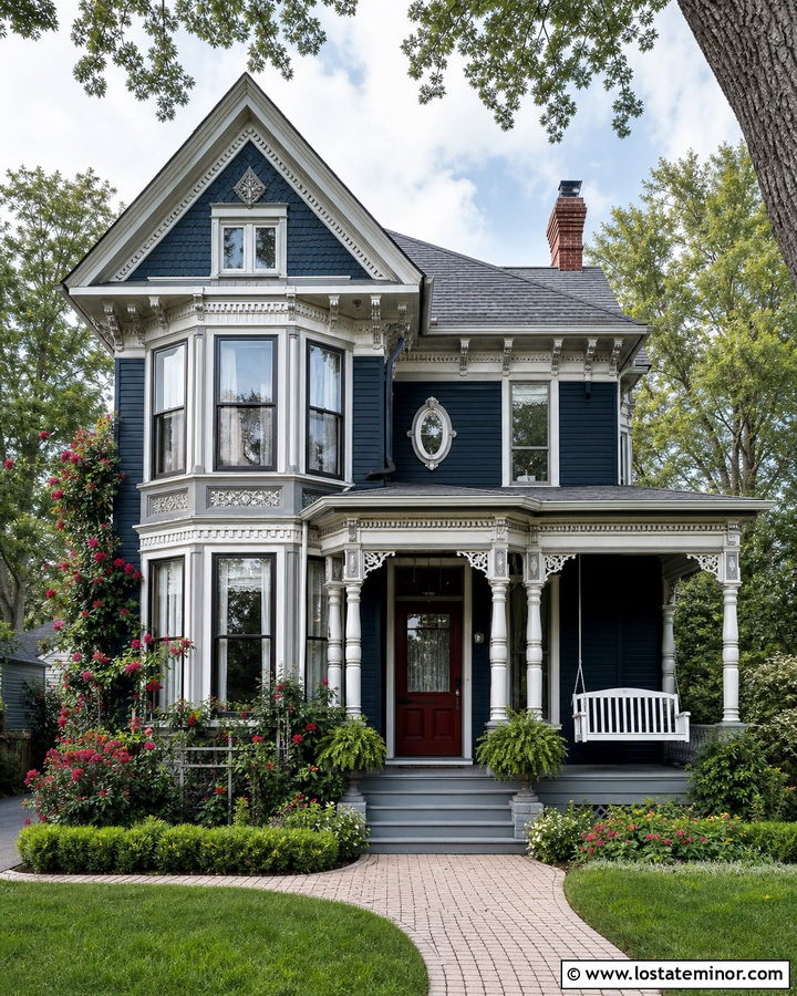 Navy Blue Victorian House With Spindle Swing - 30 Navy Blue House Design With Swing Ideas