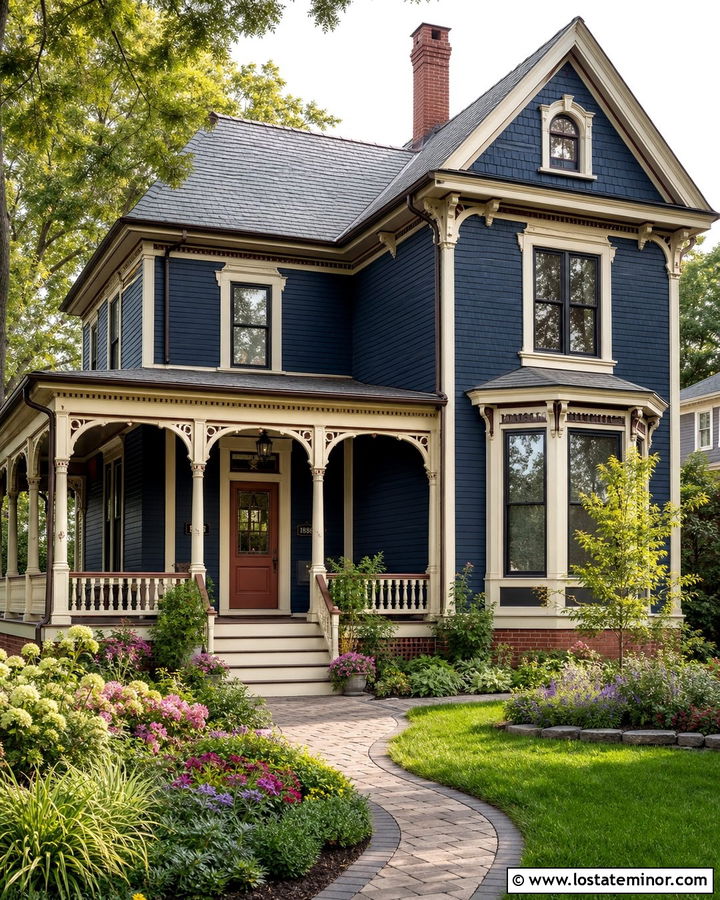 Navy Blue Victorian With Burgundy Brick - 30 Navy Blue House Design With Brick Accents Ideas