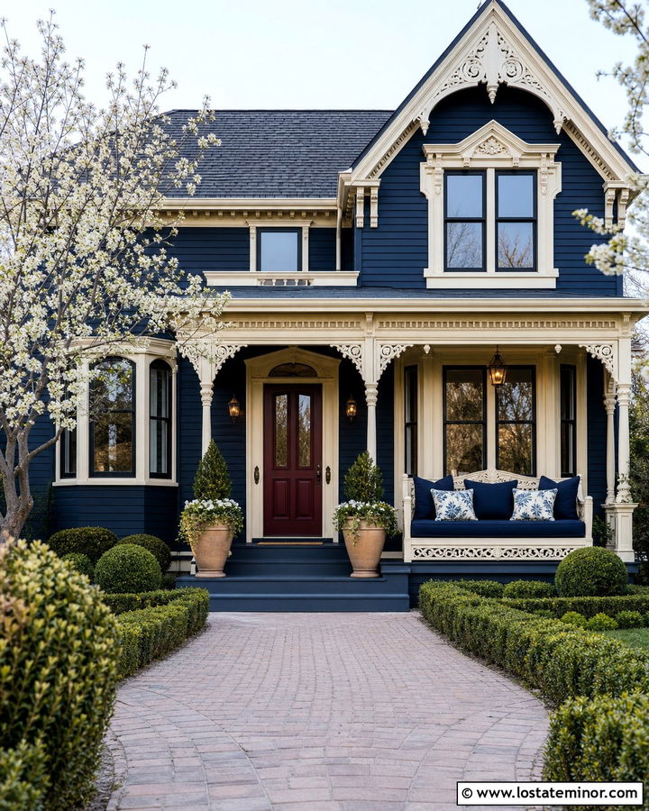 Navy Blue Victorian With Carved Porch Daybed - 30 Navy Blue House Design With Daybed Ideas