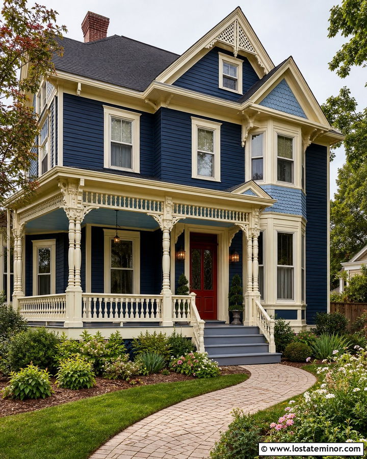 Navy Blue Victorian With Cream Trim - 30 Navy Blue House Design With Front Porch Ideas