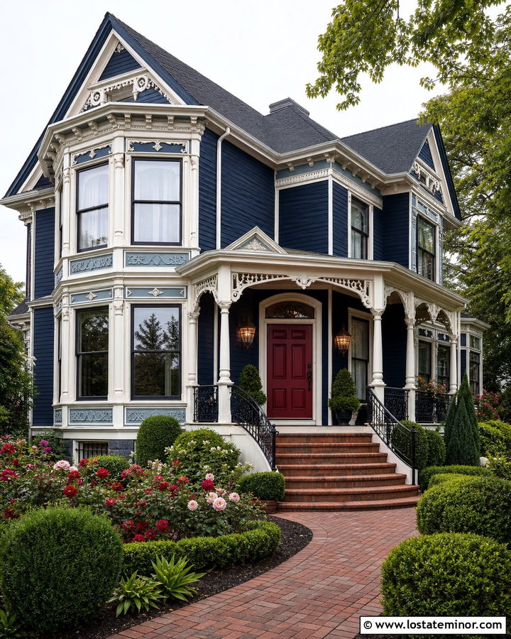 Navy Blue Victorian With Curved Brick Steps - 30 Navy Blue House Design With Steps Ideas