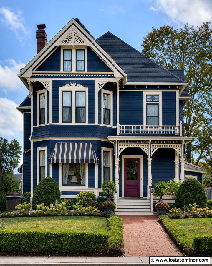 Navy Blue Victorian With Decorative Awning - 30 Navy Blue House Design With Awning Ideas