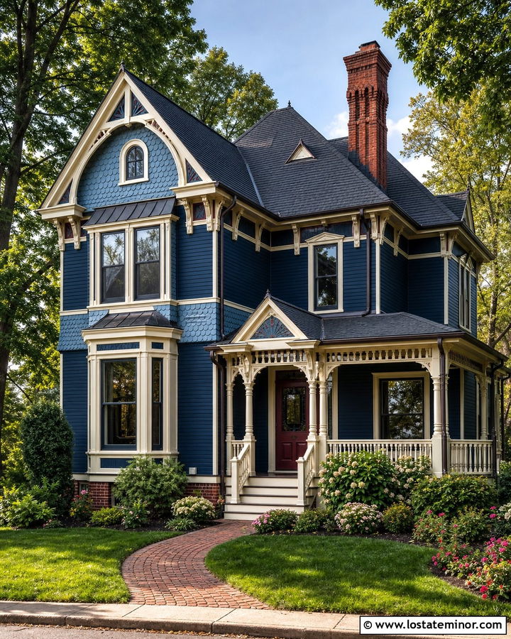 Navy Blue Victorian With Decorative Brick Chimney - 30 Navy Blue House Design With Chimney Ideas
