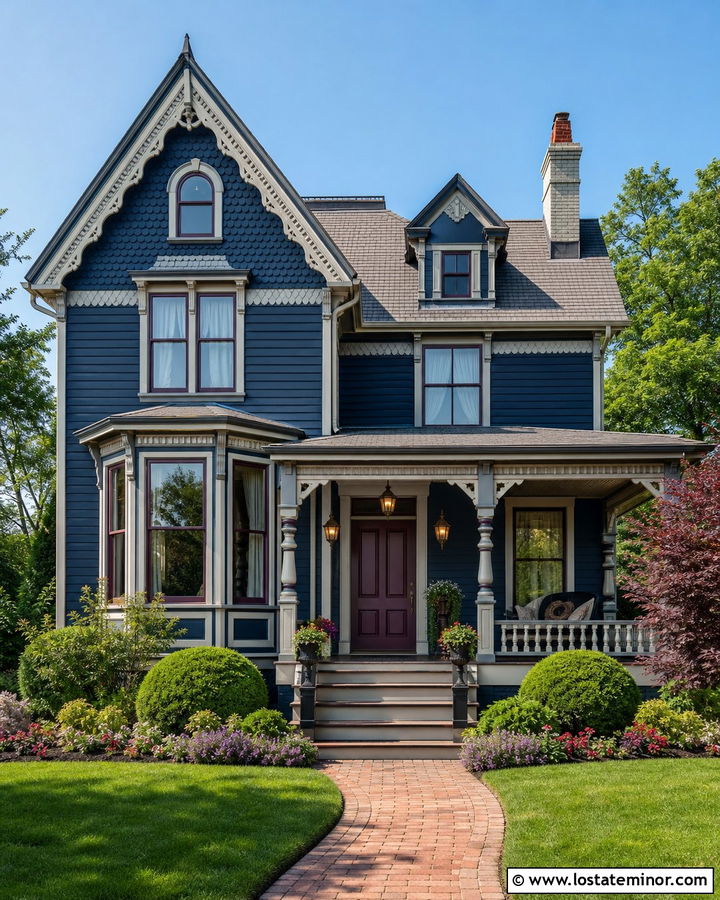 Navy Blue Victorian With Decorative Lanterns - 30 Navy Blue House Design With Light Fixtures Ideas