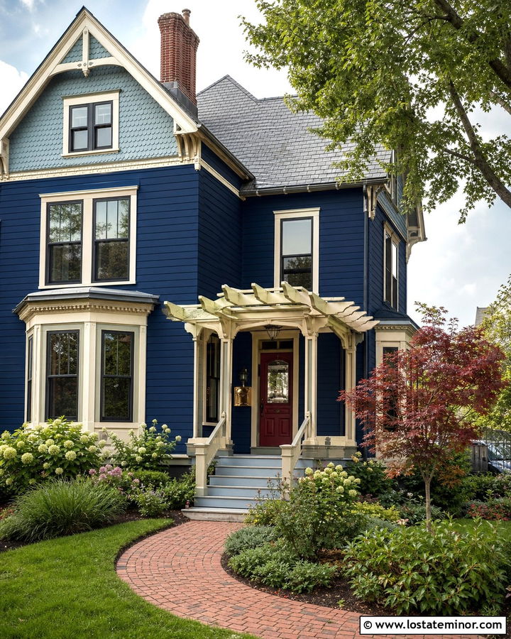 Navy Blue Victorian With Decorative Pergola - 30 Navy Blue House Design With Pergola Ideas