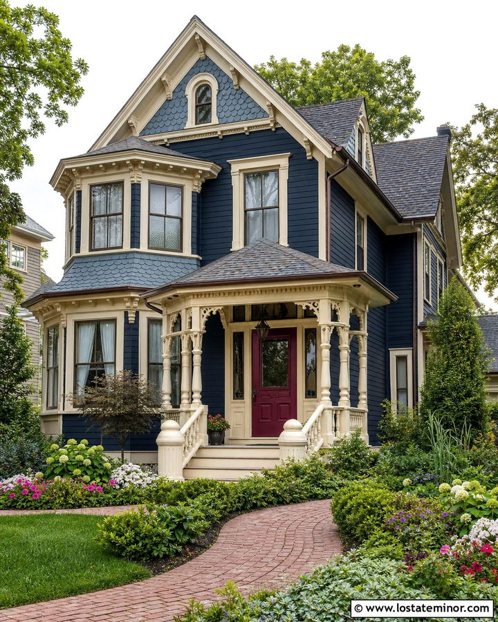 Navy Blue Victorian With Decorative Portico - 30 Navy Blue House Design With Portico Ideas