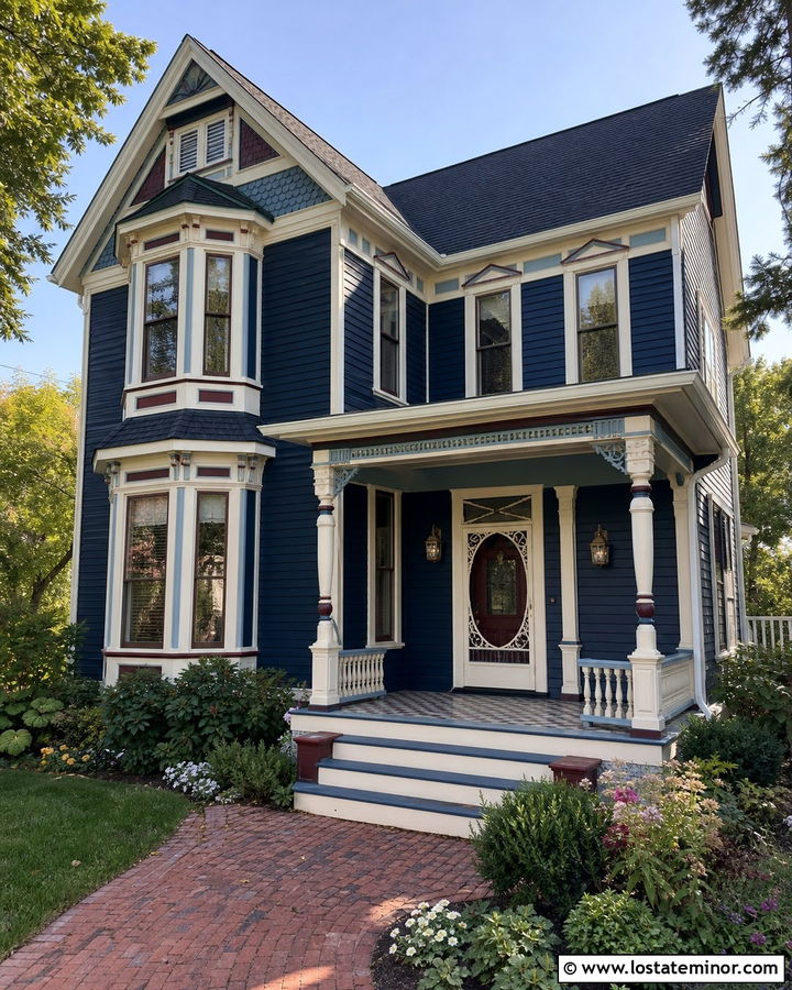 Navy Blue Victorian With Decorative Storm Door - 30 Navy Blue House Design With Storm Door Ideas