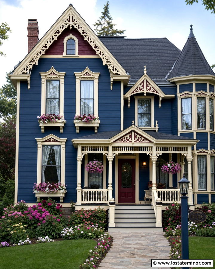 Navy Blue Victorian With Decorative Window Boxes - 30 Navy Blue House Design With Window Boxes Ideas