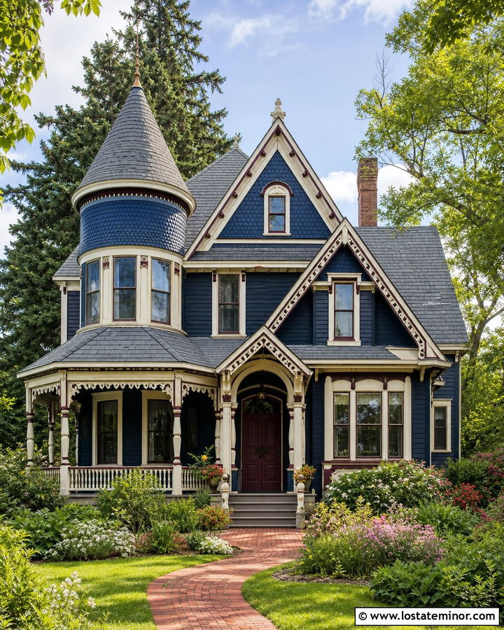 Navy Blue Victorian With Fish Scale Shingles - 30 Navy Blue House Design With Shingles Ideas