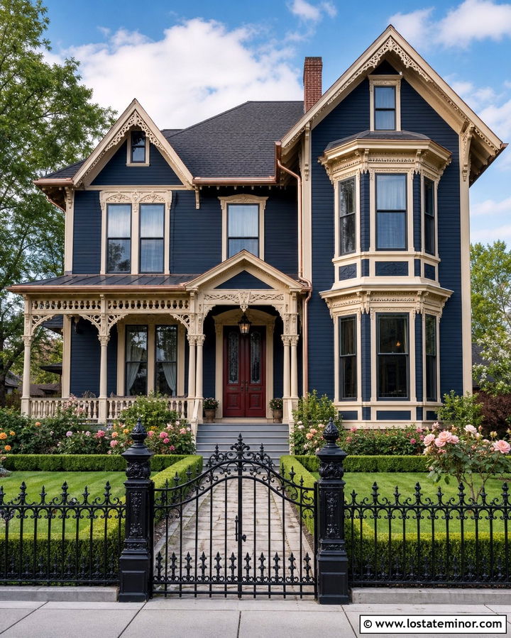 Navy Blue Victorian With Iron Fence - 30 Navy Blue House Design With Fence Ideas