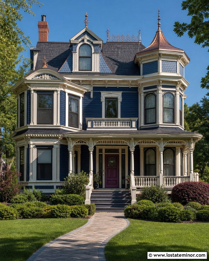 Navy Blue Victorian With Ornate Dormers - 30 Navy Blue House Design With Dormers Ideas