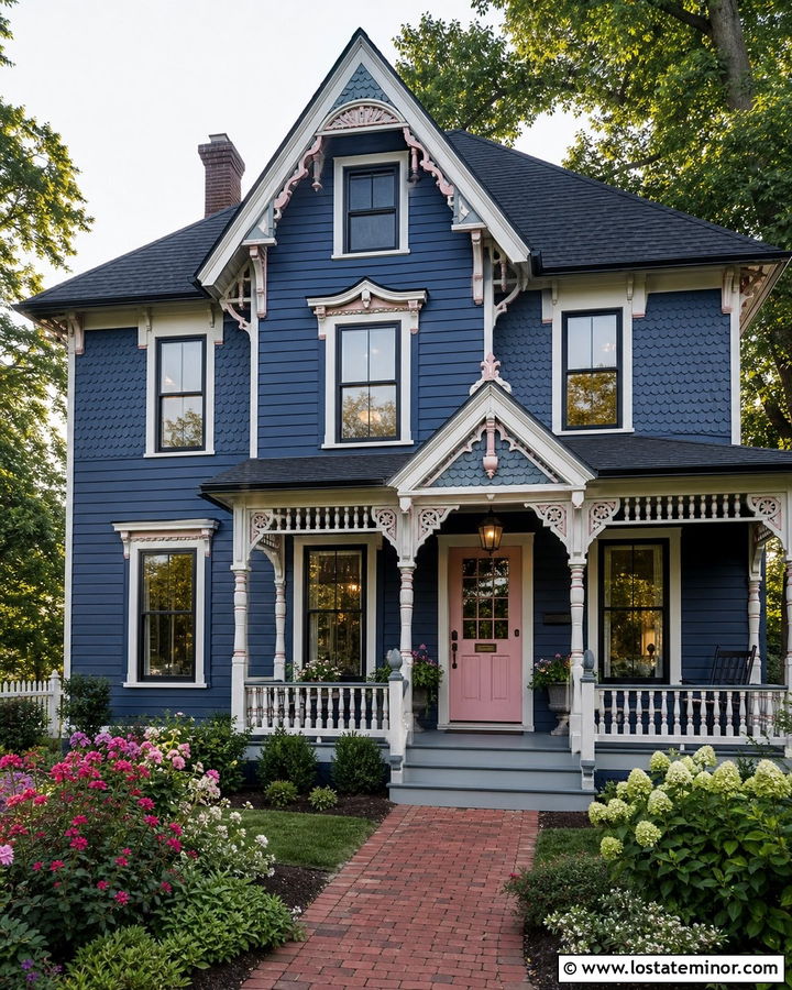 Navy Blue Victorian With Pink Dutch Door - 30 Navy Blue House Design With Dutch Door Ideas