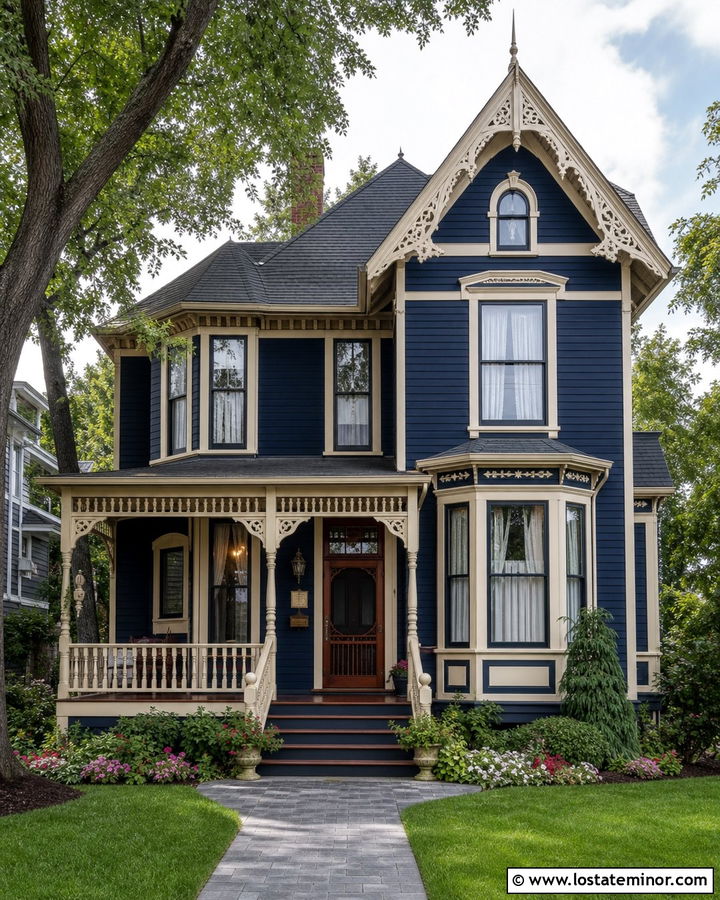 Navy Blue Victorian With Wood Screen Door - 30 Navy Blue House Design With Screen Door Ideas