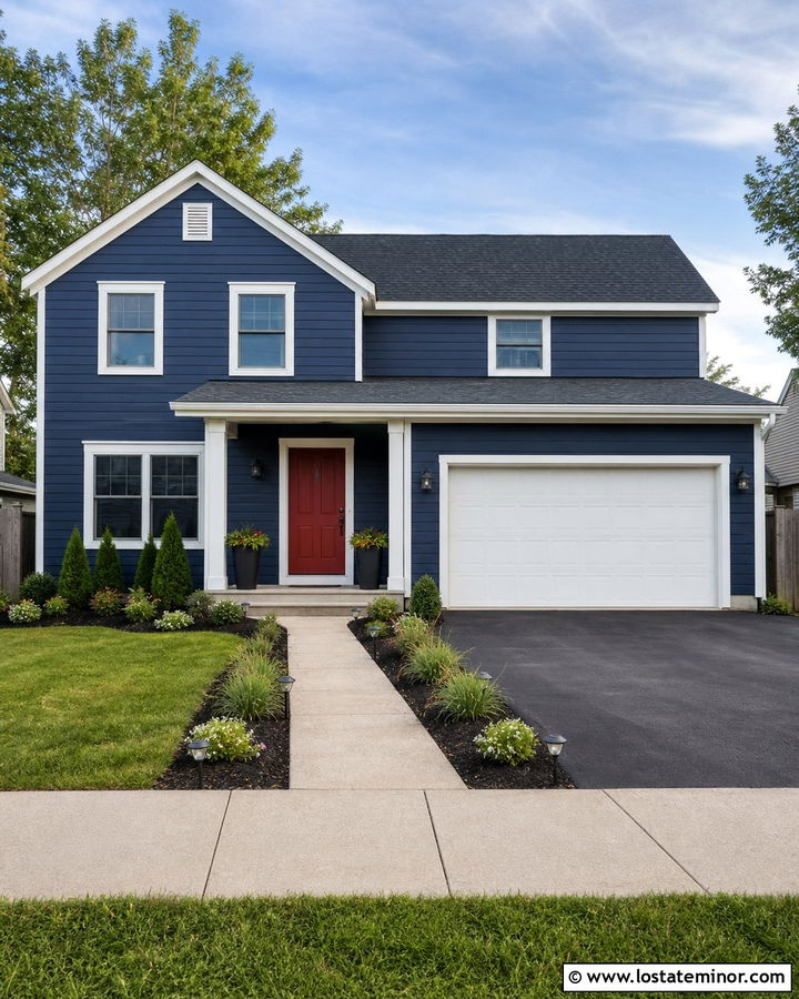 Navy Blue Vinyl House With Budget Front Yard - 30 Navy Blue House Design With Front Yard Ideas