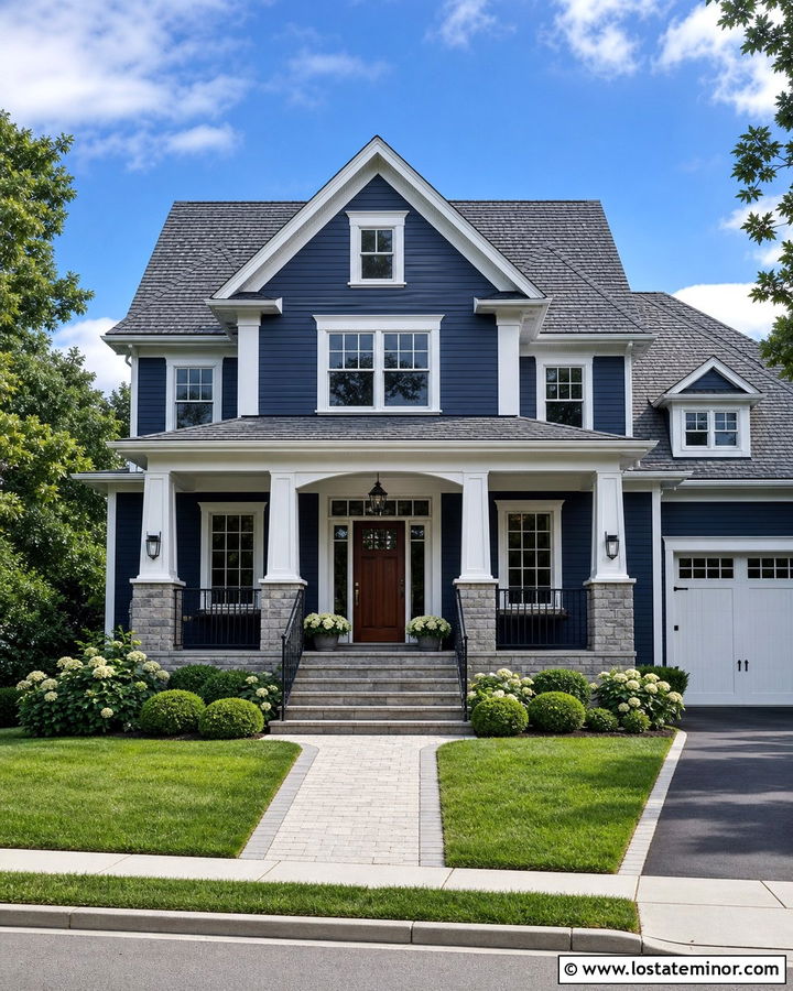 Navy Board and Batten With Stone Columns - 30 Stone House Design With Board and Batten Ideas