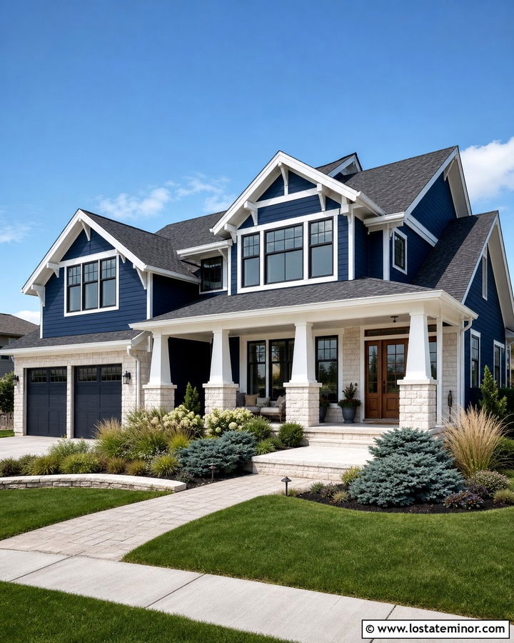 Navy Board and Batten With White Stone - 30 Stone House Design With Board and Batten Ideas