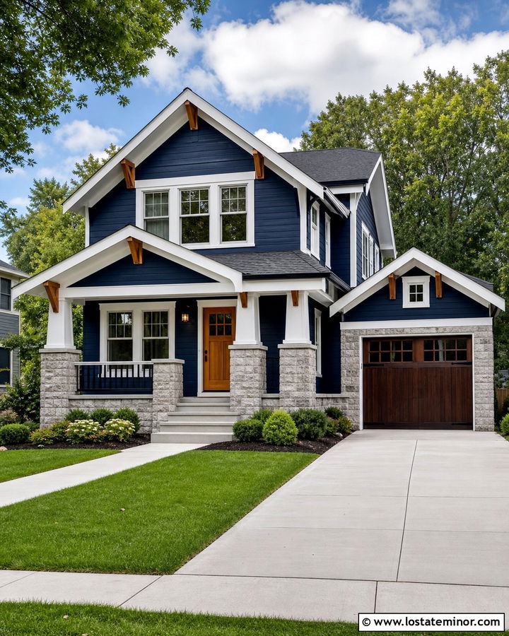 Navy Siding And Light Gray Stone House - 30 Stone House Design With Siding Ideas