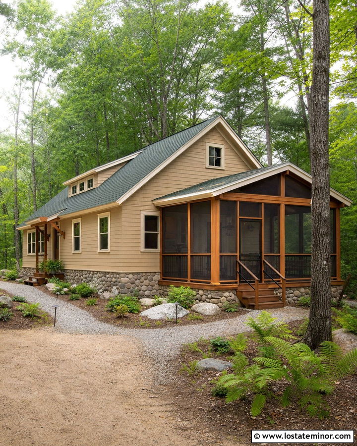 Nomadic Desert Cabin House With Cedar Screened Deck - 30 Beige House Design With Deck Ideas