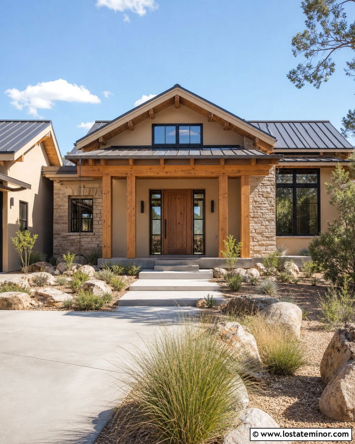 Nomadic Desert House With Douglas Fir Ceiling - 30 Beige House Design With Porch Ceiling Ideas