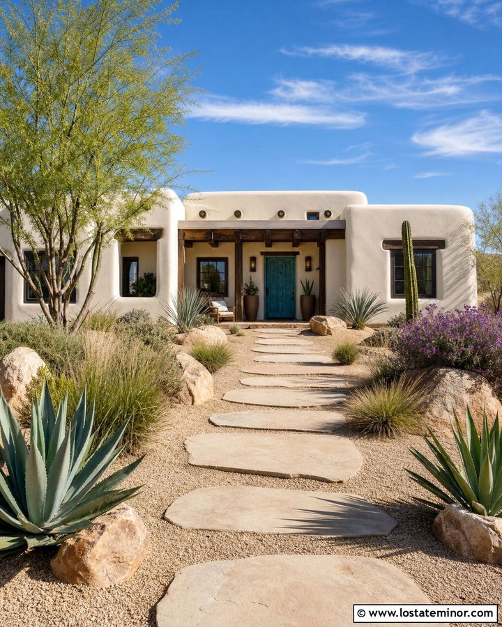 Off White Adobe House With Desert Walkway - 30 Off White House Design With Walkway Ideas