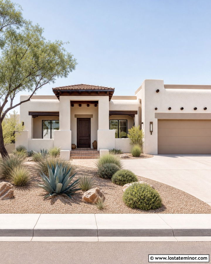 Off White Adobe House With Warm Beige Trim - 30 Off White House Design With Trim Ideas
