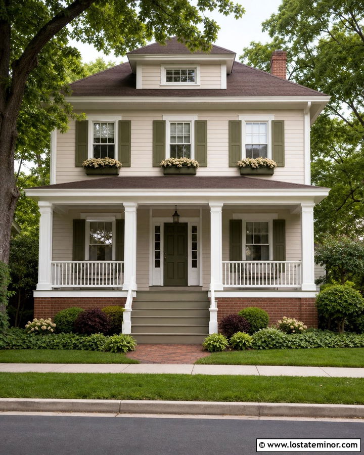 Off White American Foursquare With Olive Window Boxes - 30 Off White House Design With Window Boxes Ideas