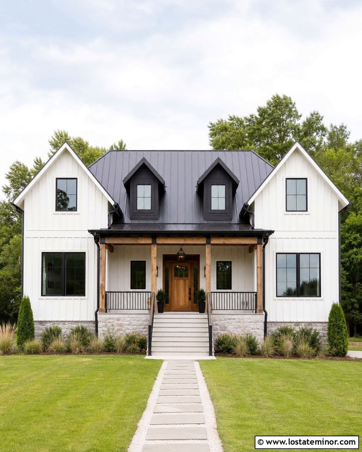 Off White Board And Batten House With Black Dormers - 30 Off White House Design With Dormers Ideas