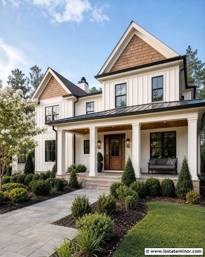 Off White Board And Batten House With Cedar Shake Gables - 30 Off White House Design With Cedar Shake Ideas