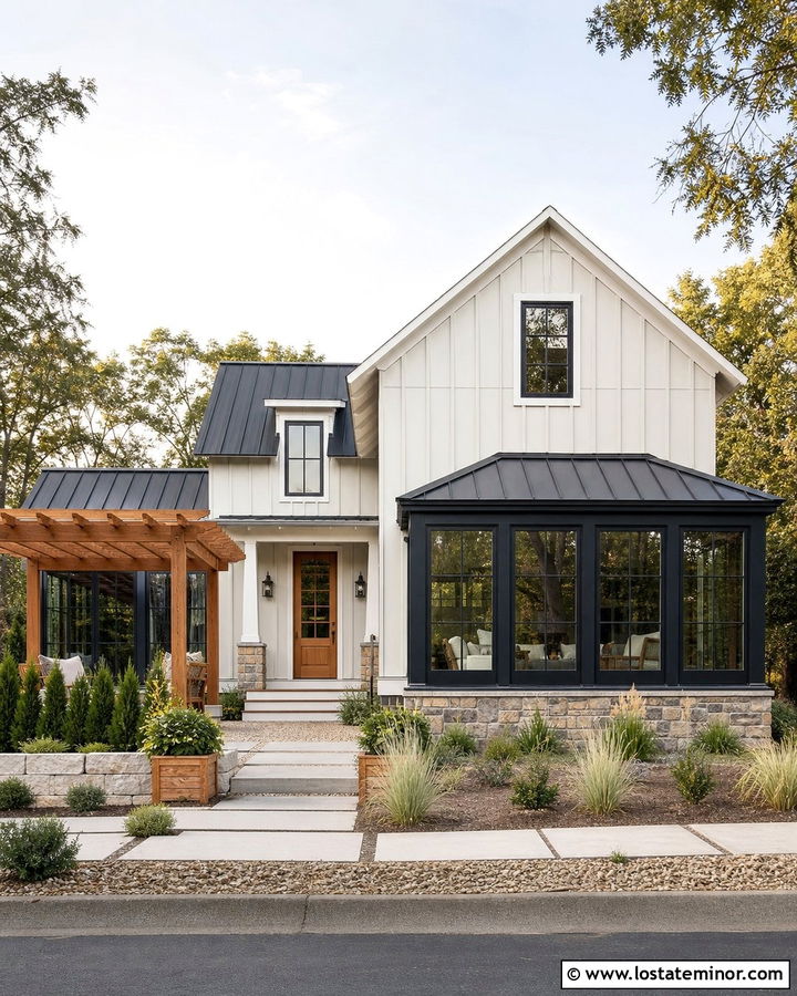 Off White Board And Batten House With Pergola Sunroom - 30 Off White House Design With Sunroom Ideas