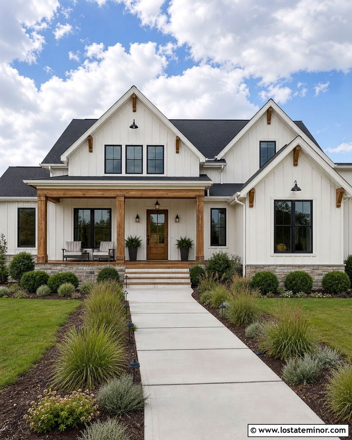 Off White Board And Batten House With Wood Columns - 30 Off White House Design With Porch Columns Ideas