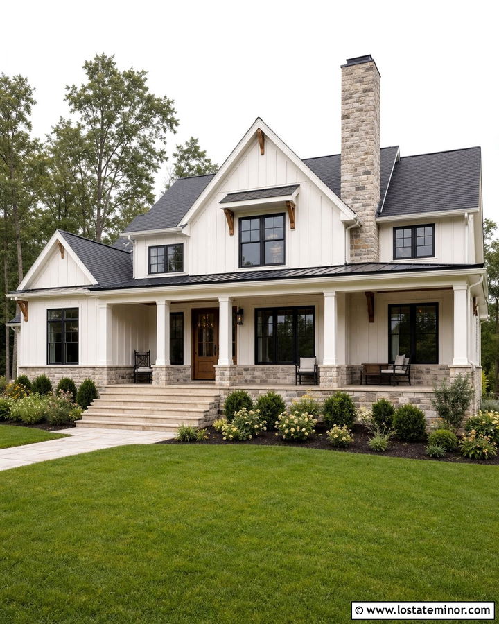 Off White Board And Batten With Stone - 30 Off White House Design With Stone Accents Ideas