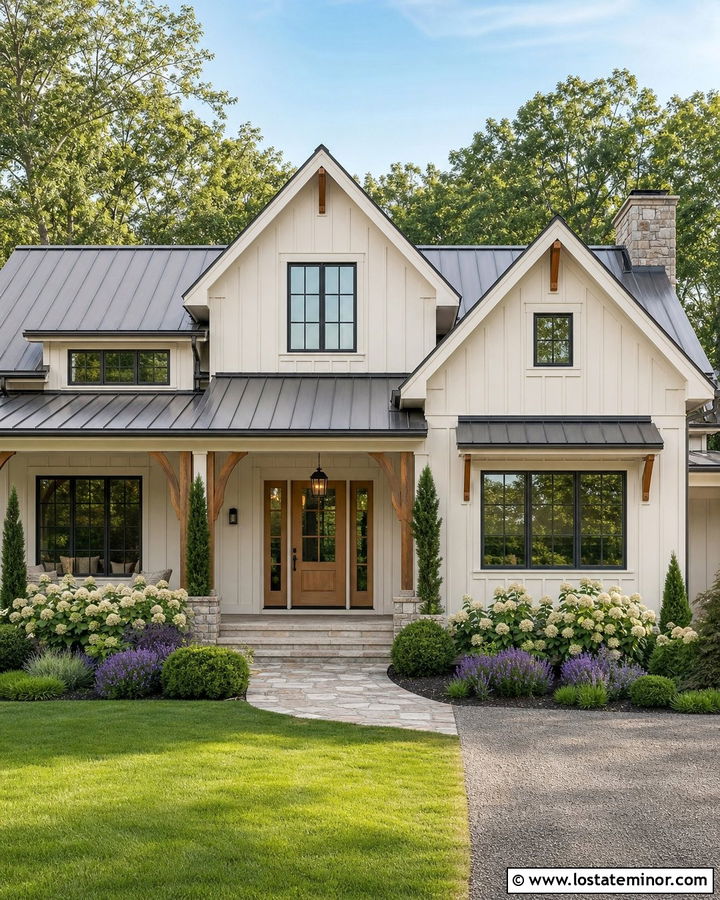 Off White Board And Batten With Wood Door - 30 Off White House Design With Siding Ideas