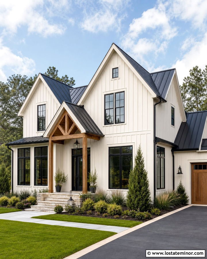 Off White Board and Batten With Black Metal Roof - 30 Off White House Design With Board and Batten Ideas