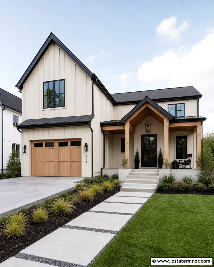 Off White Board and Batten With Black Windows - 30 Off White House Design With Board and Batten Ideas